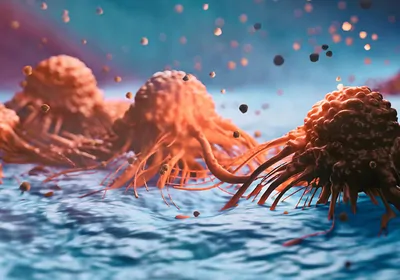 A 3D rendering of orange cancer cells, based on an electron micrograph, depicts spreading cancer filopodia and metastasis. 