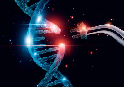 An illustration of tweezers removing a piece of a DNA molecule
