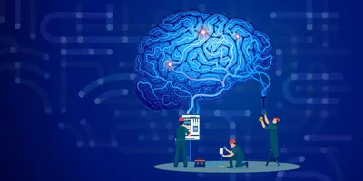 Illustration of electricians fixing electrical outlets connected to a human brain.