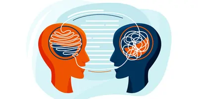 An illustration of an orange and blue head talking to each other; a stream of white lines depicts words leaving their mouths and traveling to their brains.