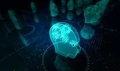 Abstract illustration of human heads with gear wheels symbolizing brains