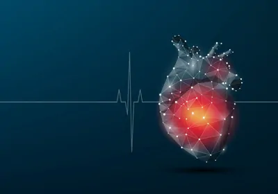 A digital rendering of a heart with white dots representing proteins and an inflamed red center