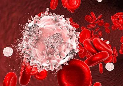 3D illustration of the destruction of a leukocyte cell with red blood cells in the background