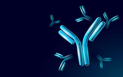 A 3D digital illustration of an antibody shown in blue in the forefront with small blue antibodies in the background
