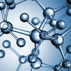 3D rendering of a translucent molecule structure composed of various spheres and cylinders connected by lines representing chemical bonds