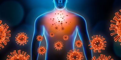 3D illustration of a human body with red virus cells surrounding it and some of them attacking the body