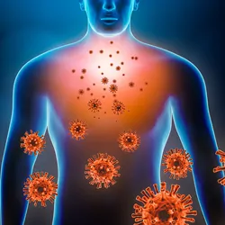 3D illustration of a human body with red virus cells surrounding it and some of them attacking the body