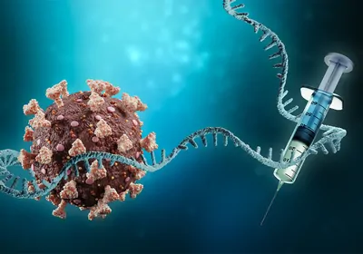 An illustration of an mRNA strand emerging from a virus and encircling a syringe