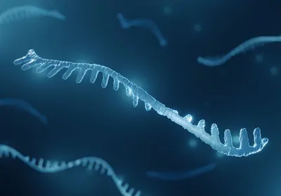 A digital rendering of floating light blue mRNA stands on a dark background