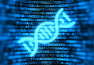 A digital rendering of DNA in blue overlaying next generation sequencing data