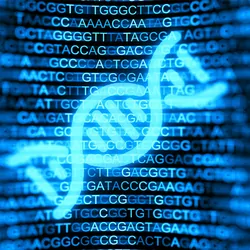 A digital rendering of DNA in blue overlaying next generation sequencing data
