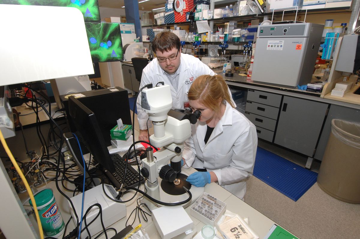 Phillip Owens stands next to a student in his lab, who is looking at a sample under the microscope.