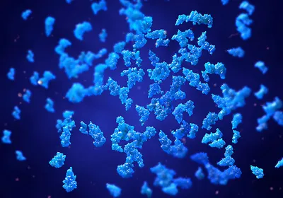 A three-dimensional illustration of assorted blue proteins