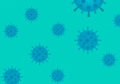 An illustration of blue-colored infectious viruses floating on a teal background.