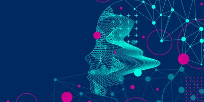 An illustration of the side of a human face with blue and pink circles and networks overlayed, representing brain research