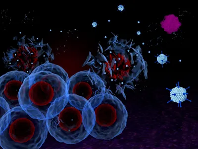 3D illustration of oncolytic adenoviruses destroying tumor cells