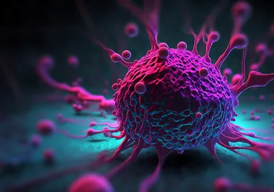 A 3D illustration of the tumor microenvironment consisting of cancer cells, immune cells, cancer-associated fibroblasts, and blood vessels