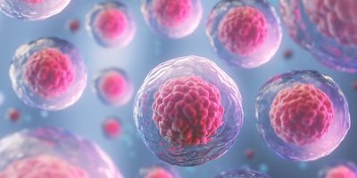 A 3D illustration of cells that scientists typically study with flow cytometry, showing transparent cytoplasm and pink nuclei