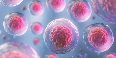 A 3D illustration of cells that scientists typically study with flow cytometry, showing transparent cytoplasm and pink nuclei