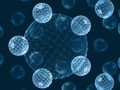 A 3D rendering of cells in a digital netting, representing digital analysis of different cells