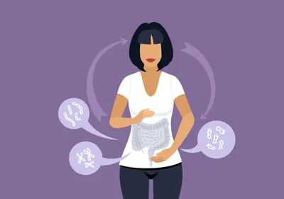 An Illustration of a woman with a visible digestive system on her shirt, surrounded by icons of bacteria and two-way arrows connecting to the brain, symbolizing the gut-brain connection. 