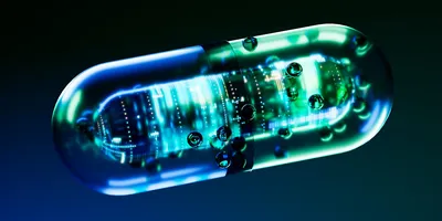 A conceptual illustration of a drug capsule filled with microchips, representing the integration of artificial intelligence in drug discovery and development