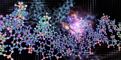 A rendering of molecular structures with colorful atoms connected by bonds in a dark, grid-like, glowing background.