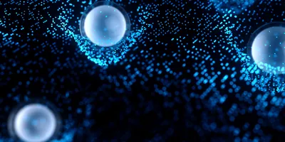 A 3D illustration of magnetic beads shown as blue spheres against a wavy blue and black background in an abstract representative image of biomarker targeting