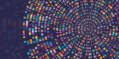 A digital illustration of a circular, multicolored genomic data visualization, resembling a DNA sequencing map with concentric patterns of rectangular color blocks on a dark background