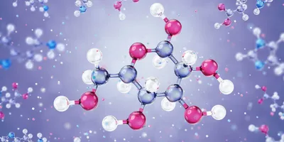 A white, pink, and blue 3D molecular structure of a simple sugar is shown against a light purple background. 