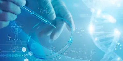 Gloved hand using a pipette to add liquid to a petri dish, overlaid with digital graphics of molecular structures and a human figure, symbolizing advanced biotechnology and data analysis.