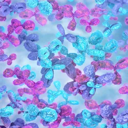 A colorful 3D illustration of antibodies floating in a blue, cloudy background, with vibrant pink, purple, and blue hues