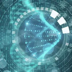 A futuristic digital illustration of a glowing DNA double helix surrounded by a network of hexagonal and circular data elements, symbolizing advanced biotechnology and genomic data analysis.