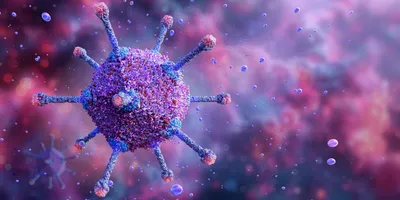 A 3D illustration of an adeno-associated virus particle with a detailed, spiky outer structure, floating in a colorful, blurred microscopic
