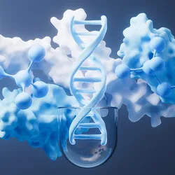 3D illustration of a DNA helix emerging from a glass container surrounded by protein structures and molecular models, symbolizing genetic research and molecular biology.