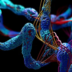A molecular structure of protein is shown as a swirled structure of blue, orange, and pink strands against a black background.