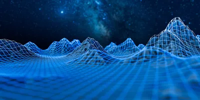 3D wireframe landscape representing chromatography data visualization against a starry background. 