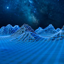 3D wireframe landscape representing chromatography data visualization against a starry background. 