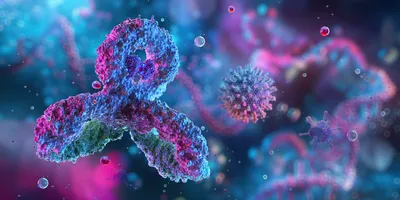 A colorful 3D image of antibodies and viruses. 