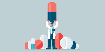 A cartoon image of a man wearing a white coat holding up a pill next to other drugs.