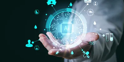 Medical worker holds Artificial Intelligence and technology for future Health in their hands