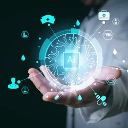 Medical worker holds Artificial Intelligence and technology for future Health in their hands
