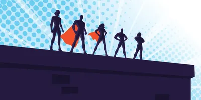 A cartoon image showing superhero figures standing on top of a tall platform with a blue background.