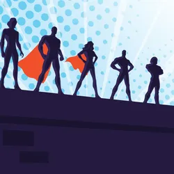 A cartoon image showing superhero figures standing on top of a tall platform with a blue background.