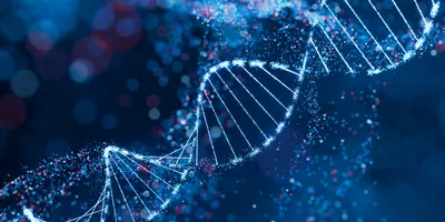 Sparkling DNA helix structure in blue and red.