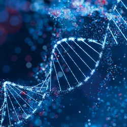 Sparkling DNA helix structure in blue and red.
