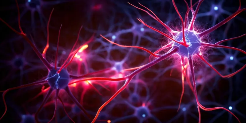 Illustration of glowing neurons with branching dendrites and axons, highlighting neural activity and connectivity in the brain.