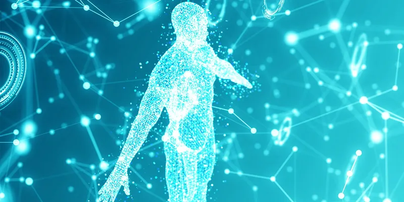 A digital illustration of a human figure composed of glowing blue particles, set against a background of interconnected nodes and lines representing a technological or biological network.