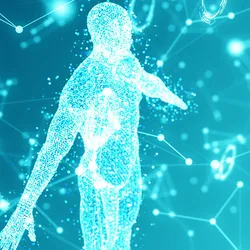 A digital illustration of a human figure composed of glowing blue particles, set against a background of interconnected nodes and lines representing a technological or biological network.
