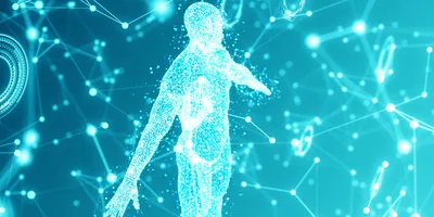 A digital illustration of a human figure composed of glowing blue particles, set against a background of interconnected nodes and lines representing a technological or biological network.